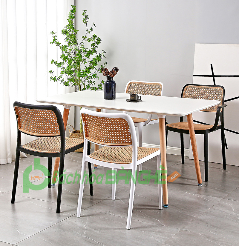 Bộ bàn ghế ăn hiện đại ghế xếp chồng cho căn hộ chung cư